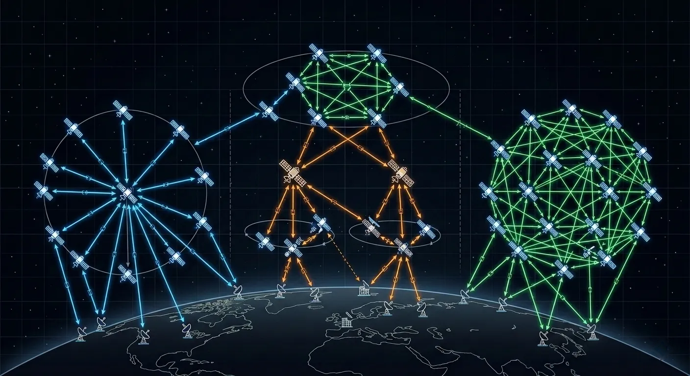 شرح طوبولوجيا شبكات الأقمار الاصطناعية: بنى VSAT النجمية والشبكية والهجينة